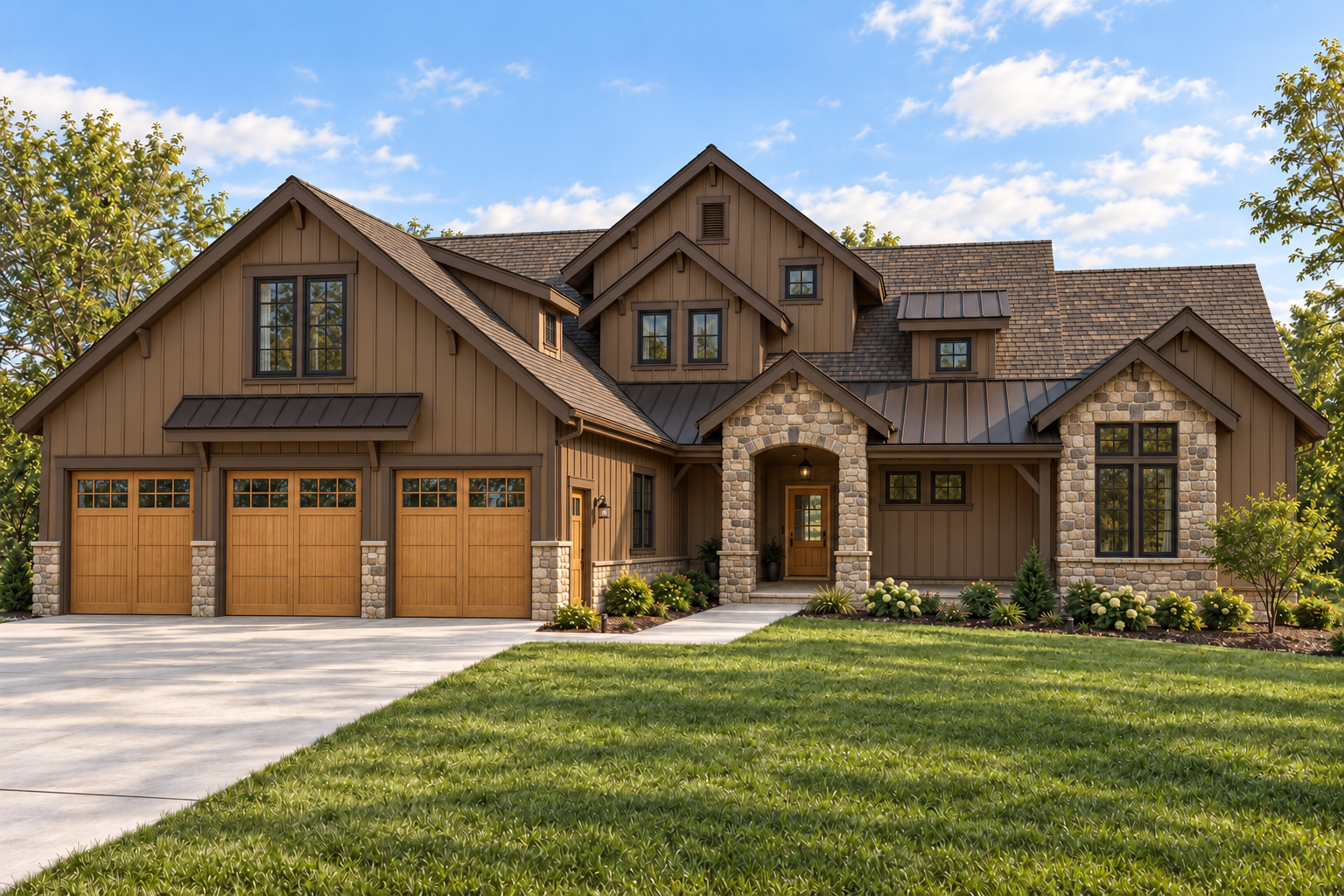 Freshford Model architectural rendering — warm wood and stone exterior palette