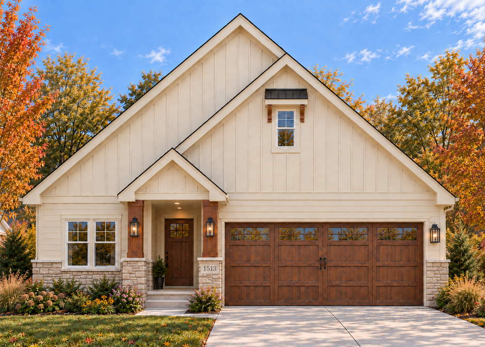Front architectural rendering of 1513 South Holiday Drive with cream siding, gabled rooflines, wood garage doors and a covered entry