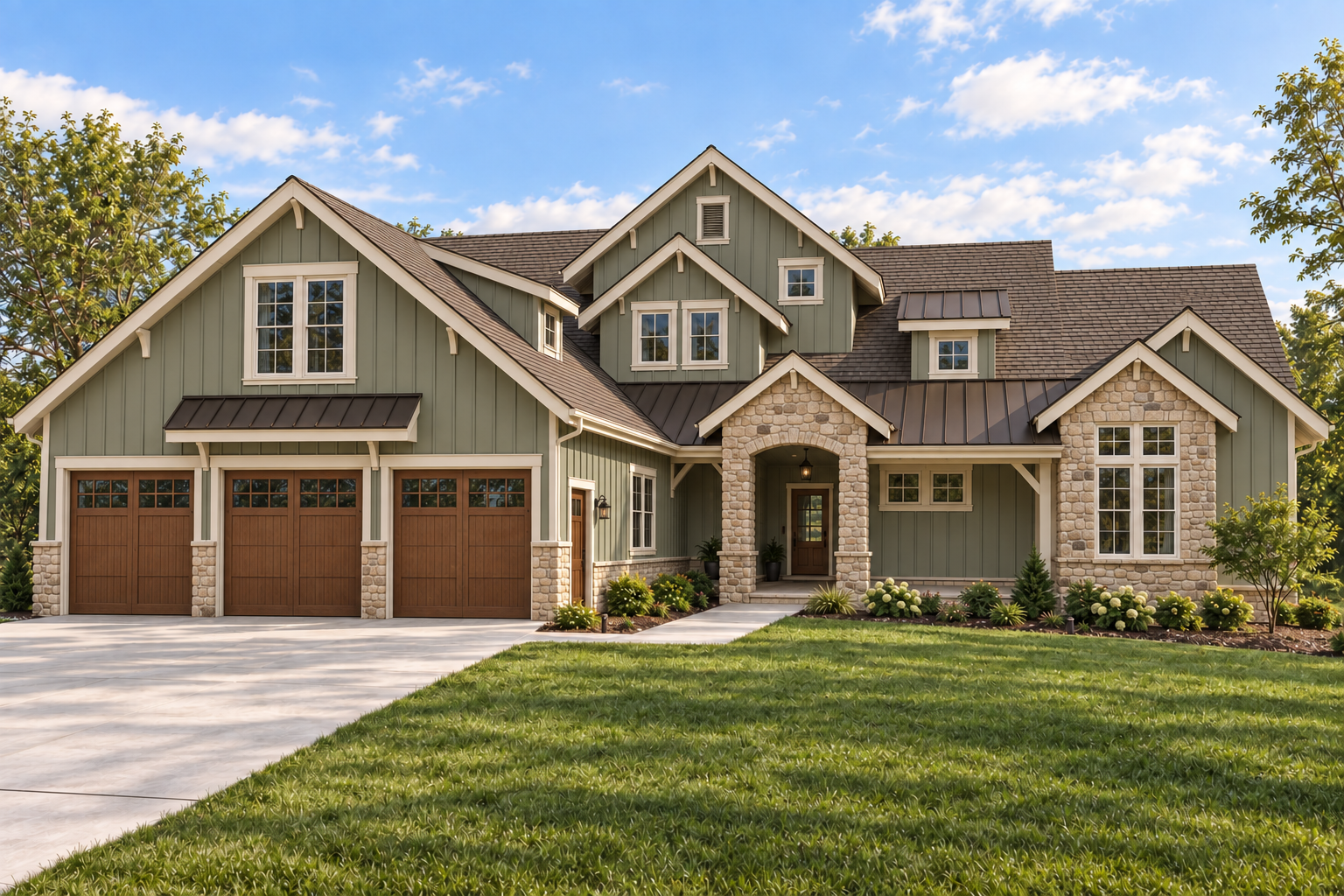 Freshford Model architectural rendering — green and cream exterior palette