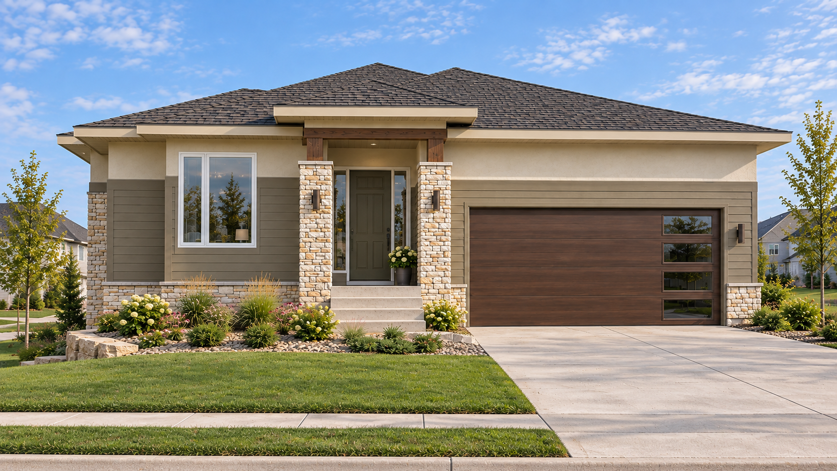 Architectural rendering of 1533 South Holiday Drive showing a low roofline, stone entry and two-car garage