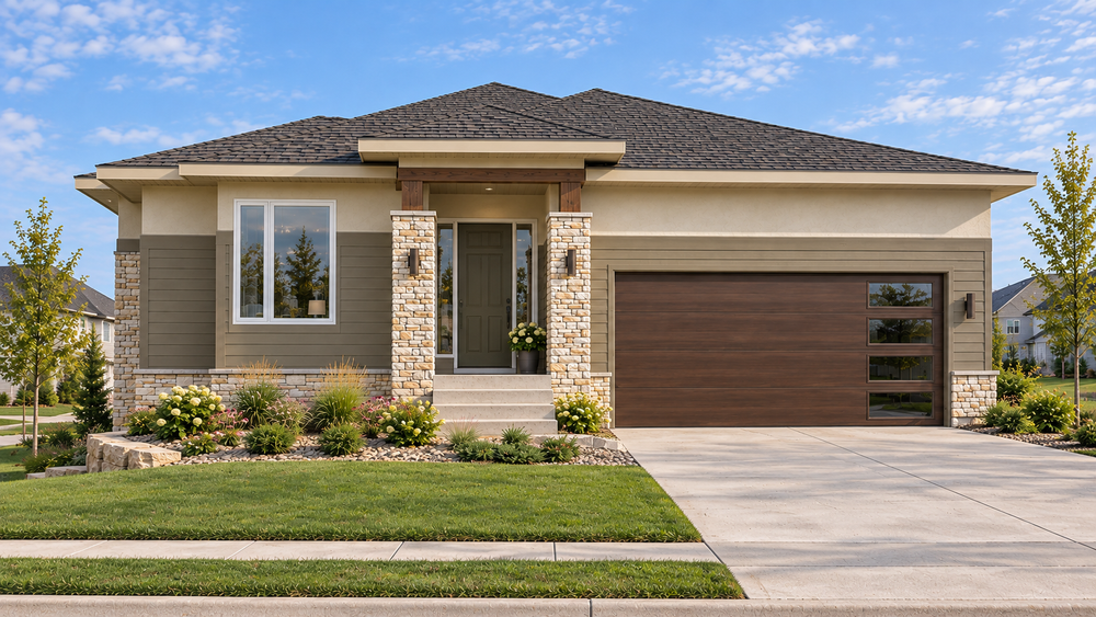 Architectural rendering of 1533 South Holiday Drive showing a low roofline, stone entry and two-car garage