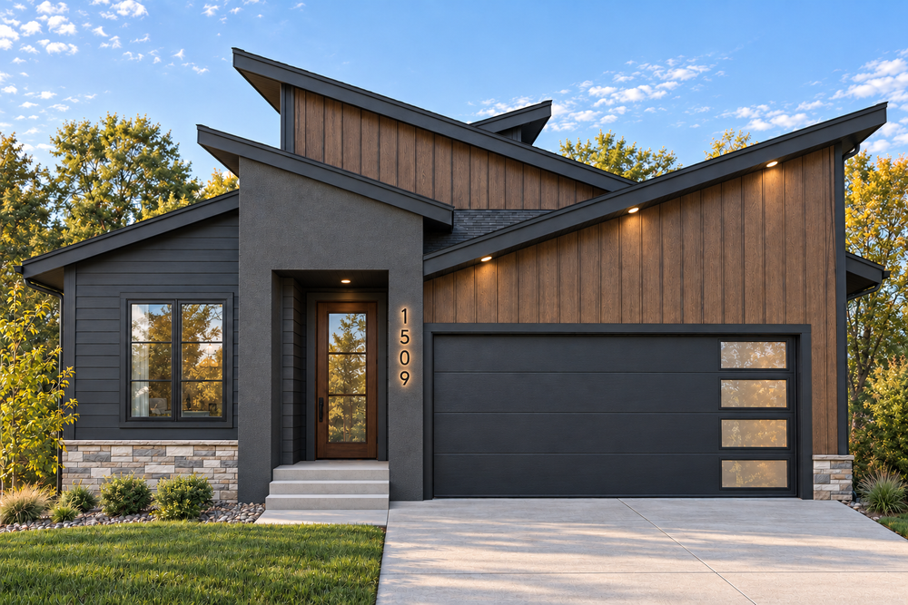 Front architectural rendering of 1509 South Holiday Drive with intersecting sloped rooflines, dark siding, warm wood accents, stone veneer and a covered entry