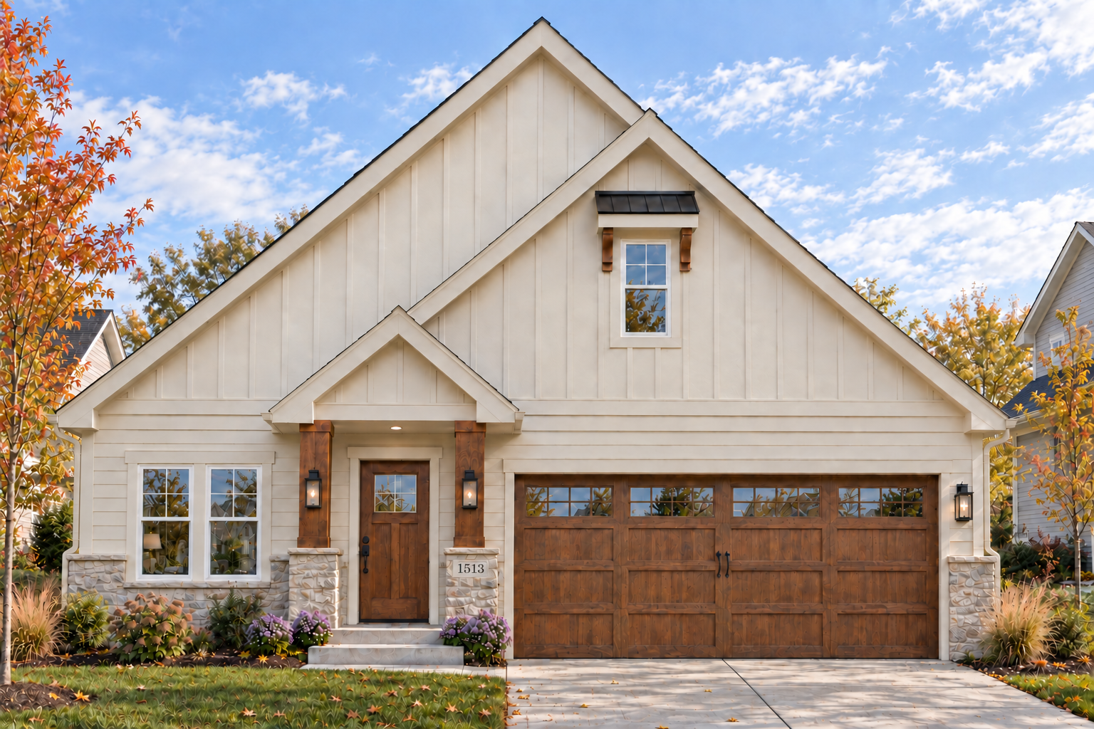 Front architectural rendering of 1513 South Holiday Drive with cream siding, gabled rooflines, wood garage doors and a covered entry