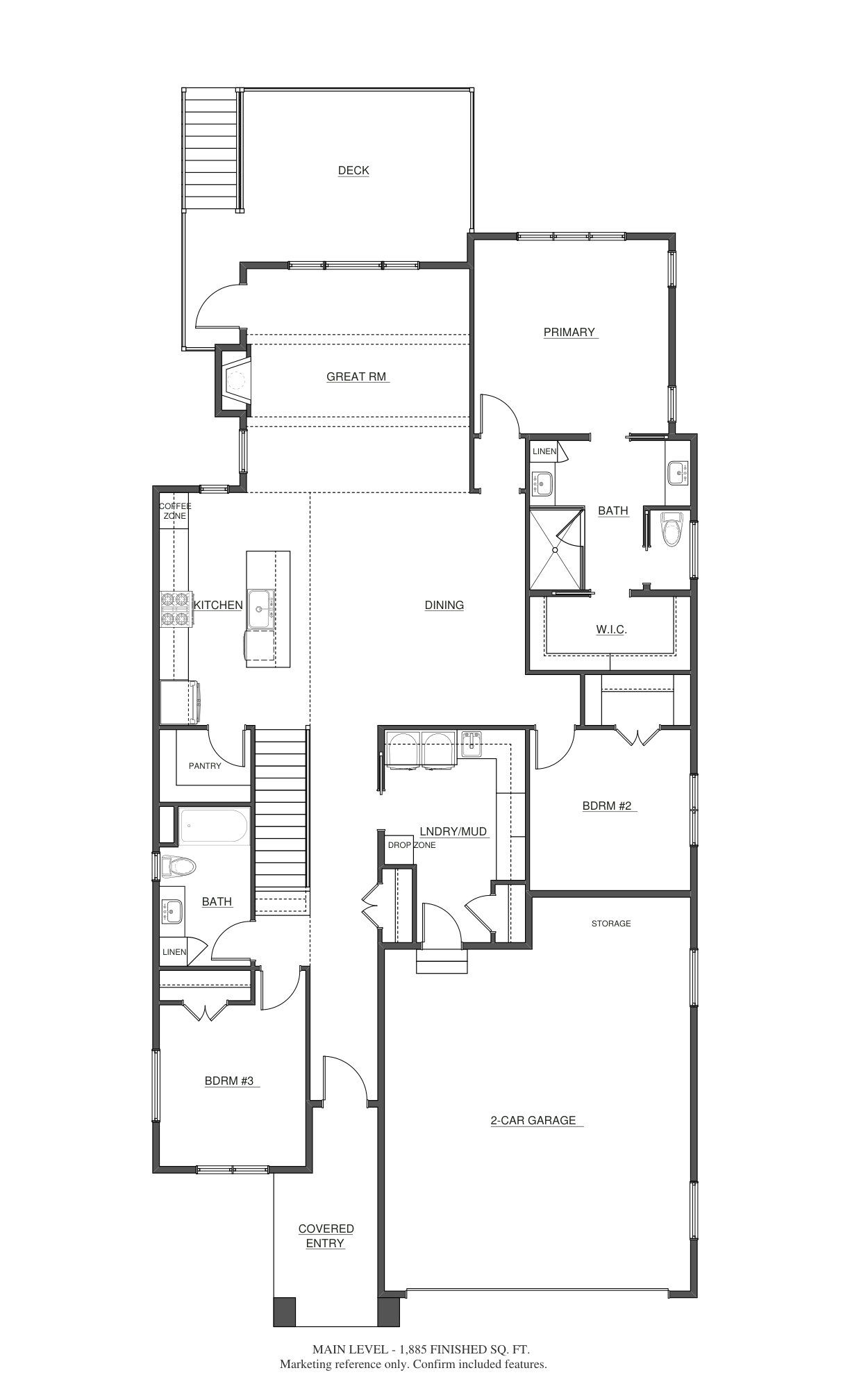 Main level · 1,885 finished sq. ft. marketing floor plan for 1509 South Holiday Drive