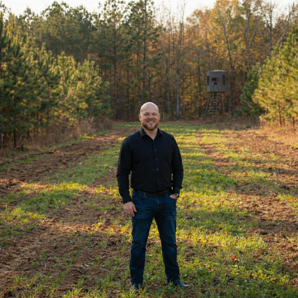 Landis Prince standing in a food-plot field with hunting blind in the background