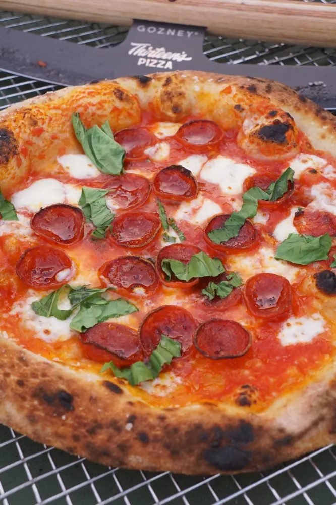 Neo-Neapolitan pepperoni and basil pizza fresh from the oven