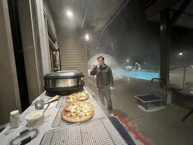 Late-night poolside birthday party with fresh pizza from the live-fire oven