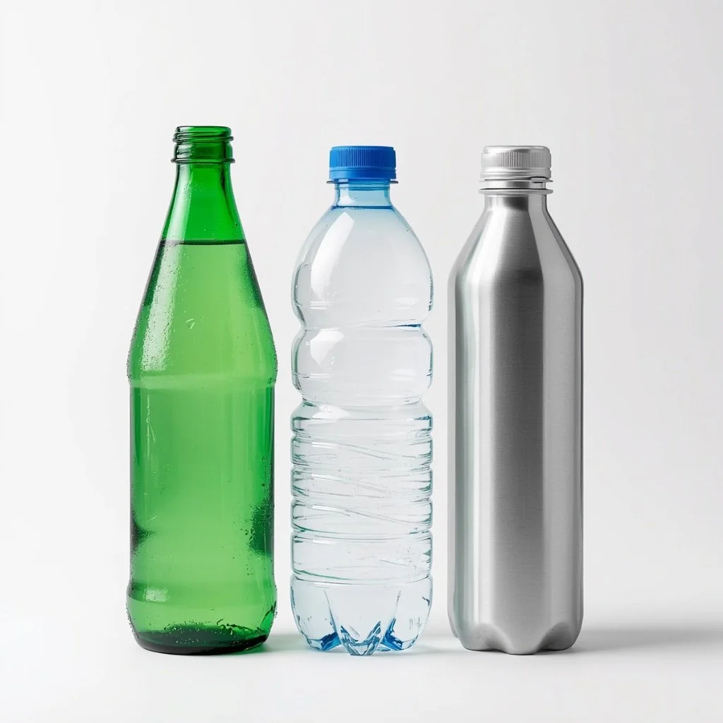 Three water bottles side by side — glass, plastic, and aluminum — on a white background