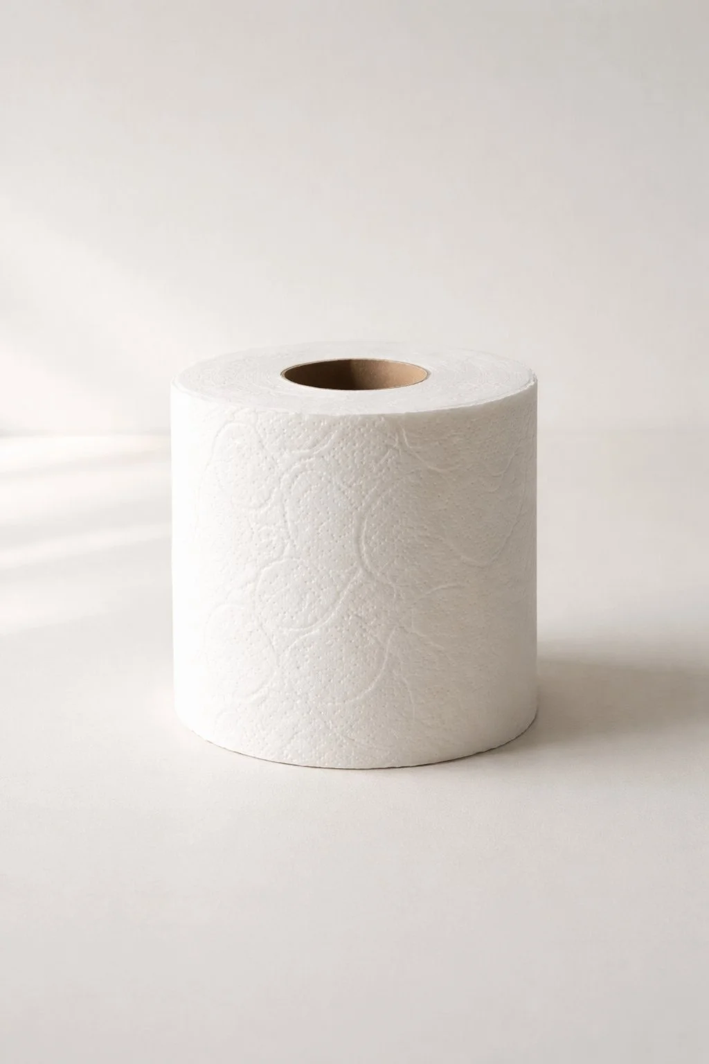 A single roll of white toilet paper on a light background
