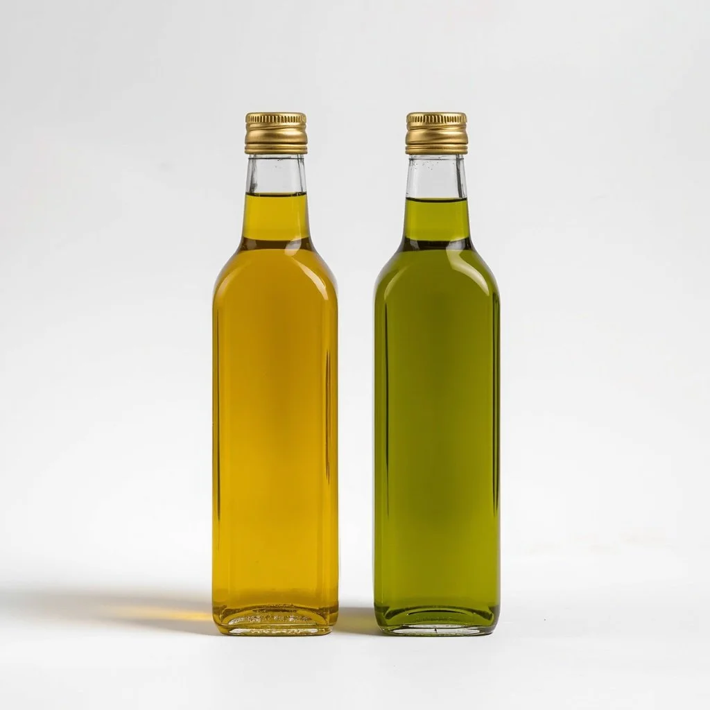 Two glass bottles of cooking oil on a white background