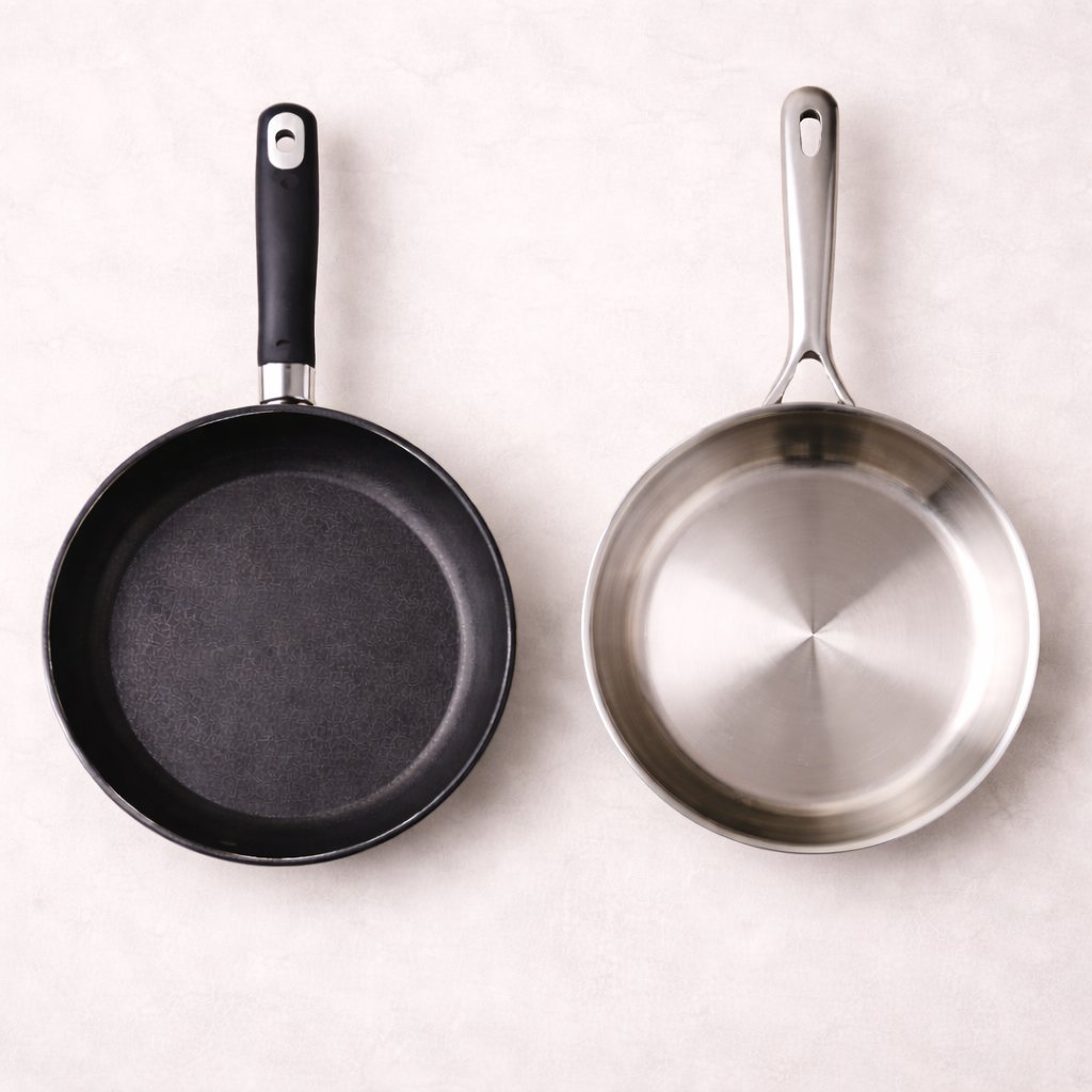 A nonstick frying pan and a stainless steel frying pan side by side on a white background