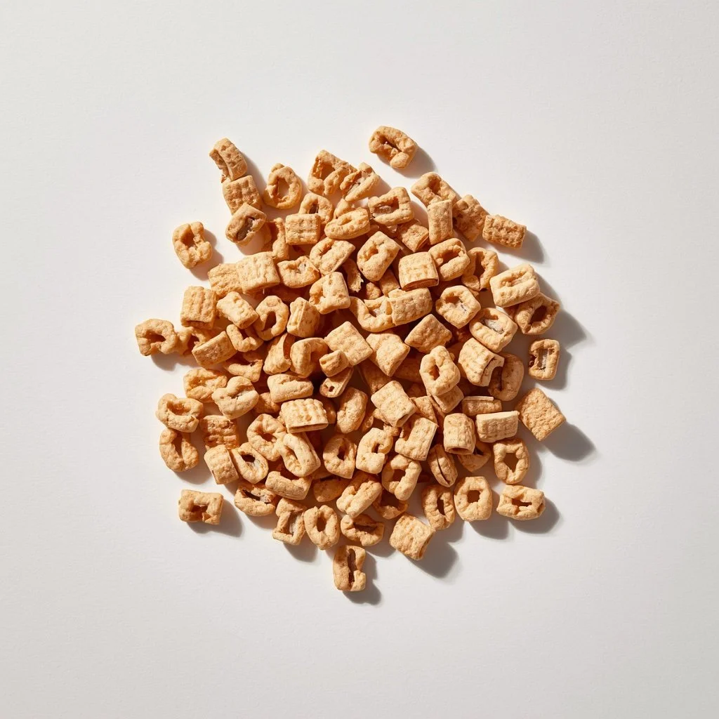 A small pile of cereal pieces on a white background