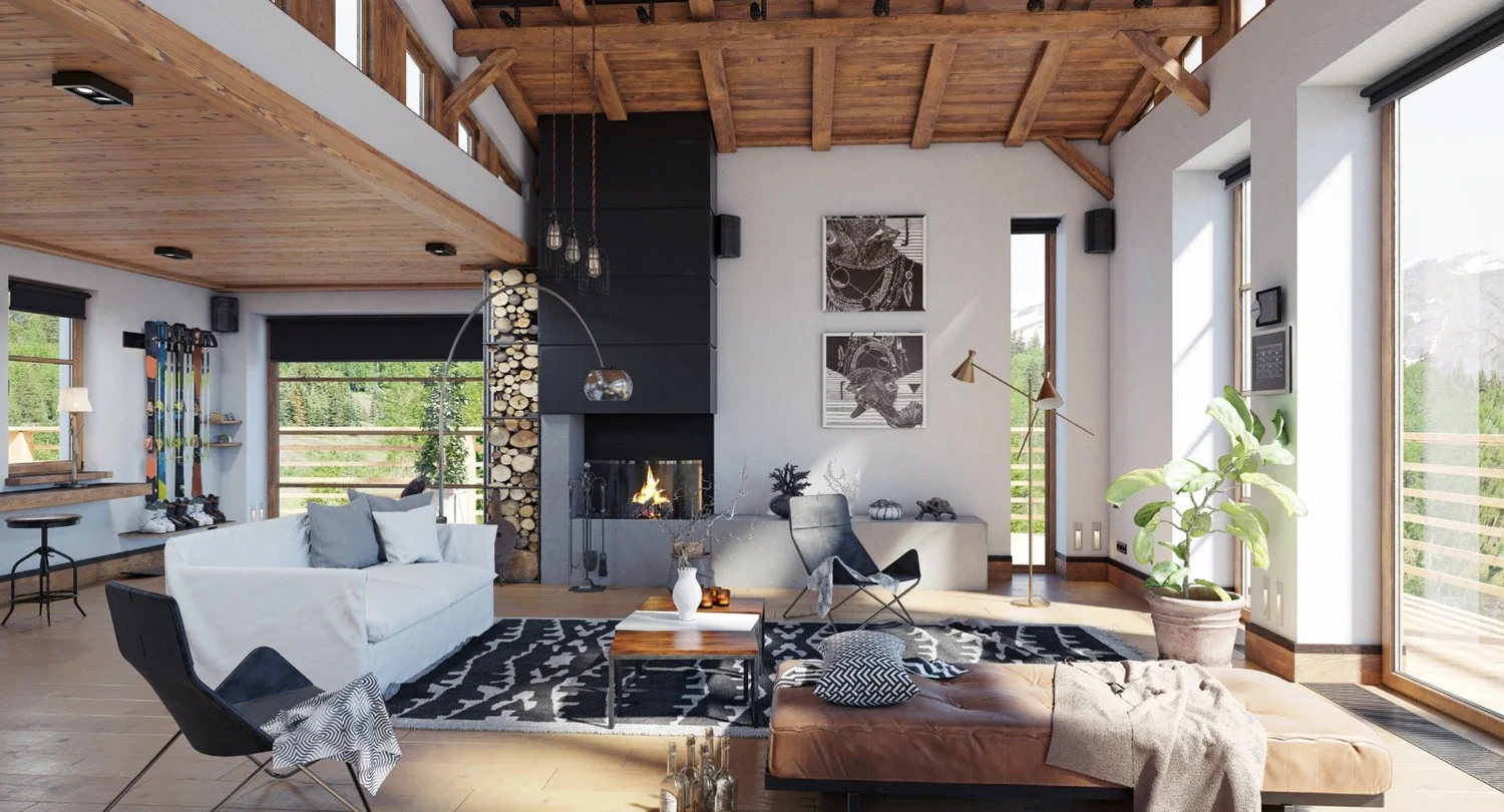 Living room with exposed timber beams, a fireplace, and large windows.
