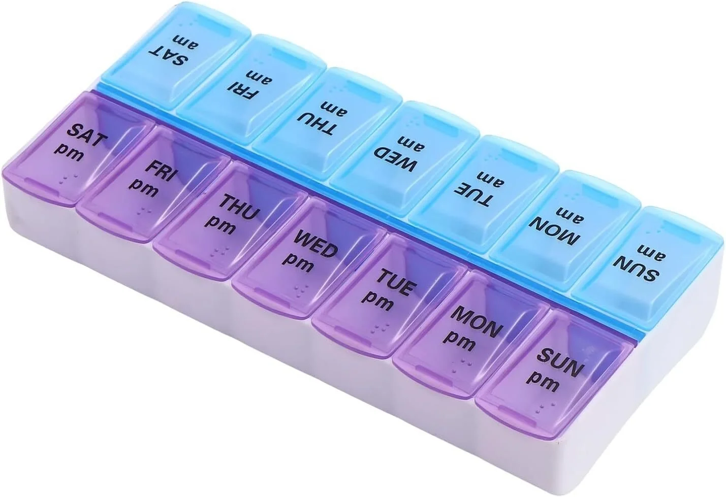 A plastic weekly dosette box with flip-lid compartments for each day