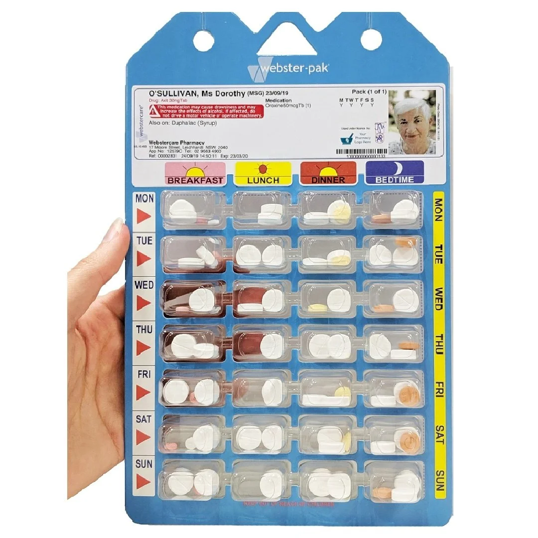 A Webster-pak blister card filled with tablets, labelled by day and dose