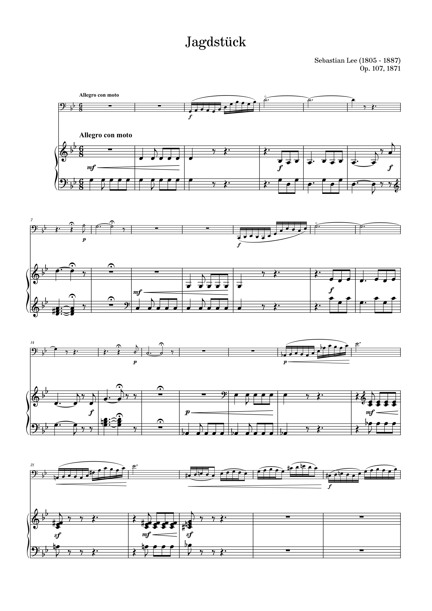First page of Jagdstück, Op. 107 – piano score and cello part