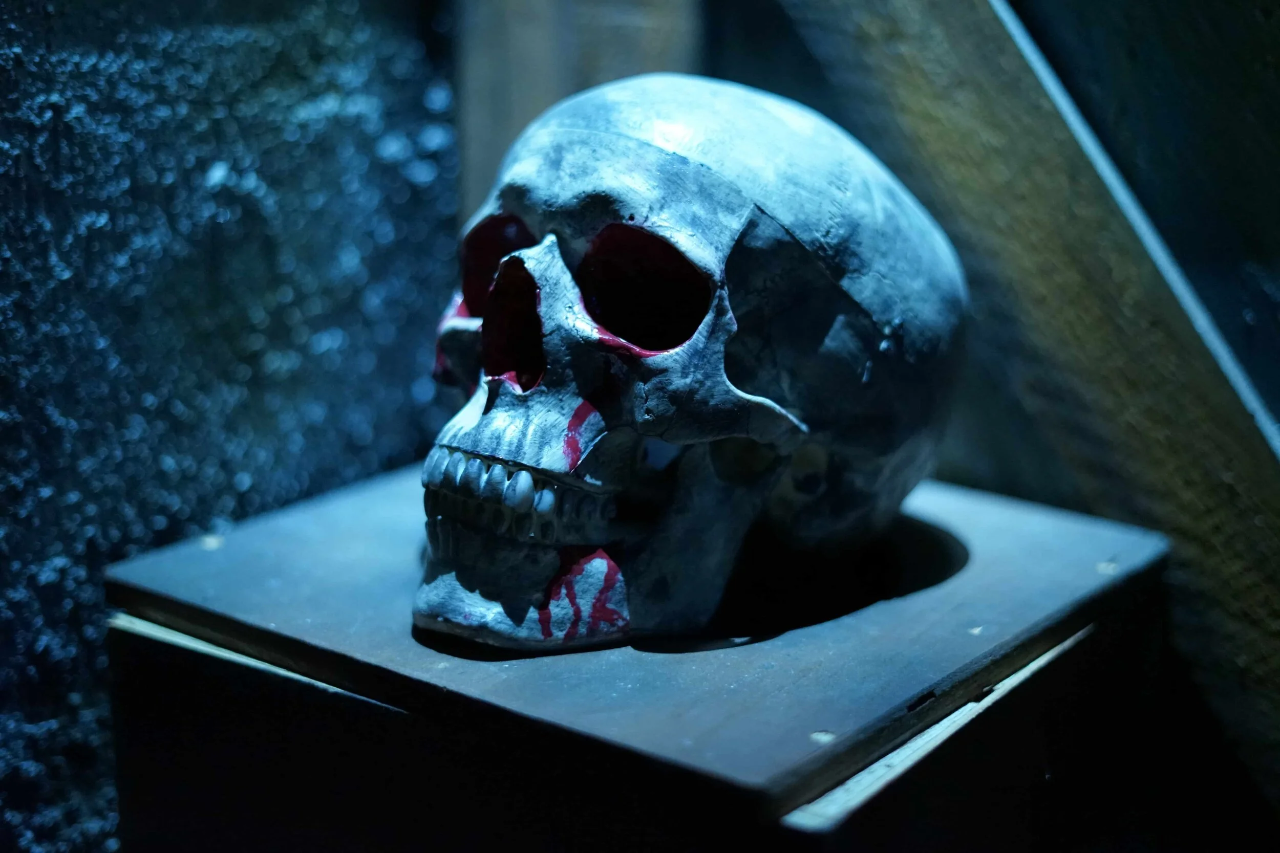 Close-up of a cracked skull prop with red markings resting on a pedestal.
