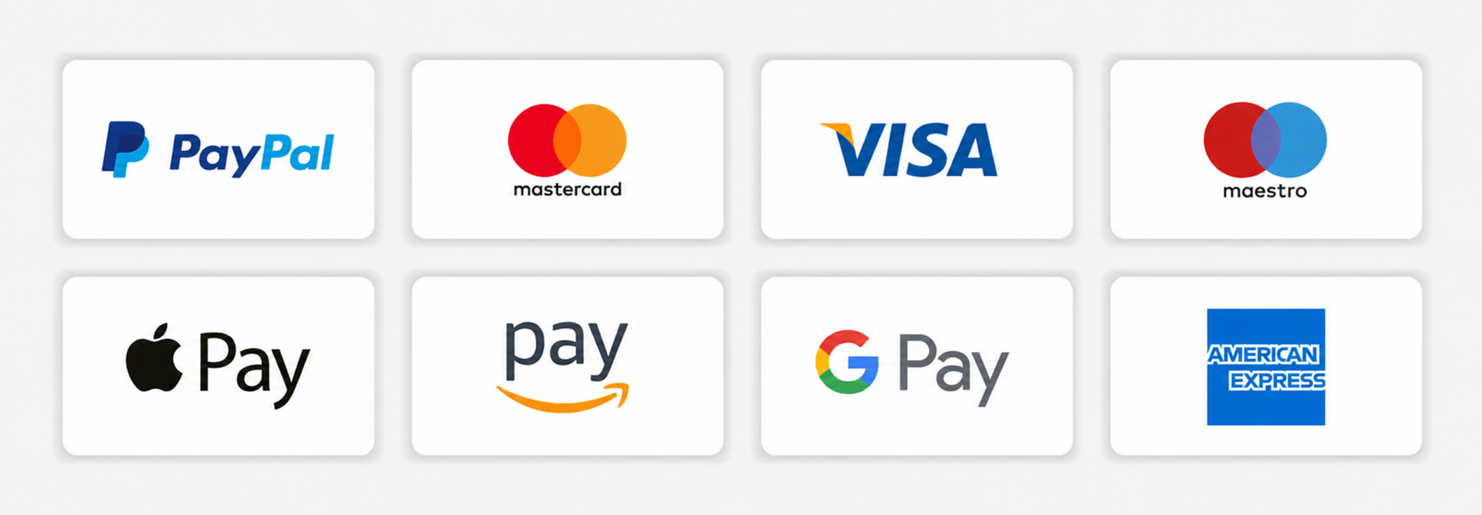 Accepted payment methods including PayPal, Mastercard, Visa, Maestro, Apple Pay, Amazon Pay, Google Pay and American Express