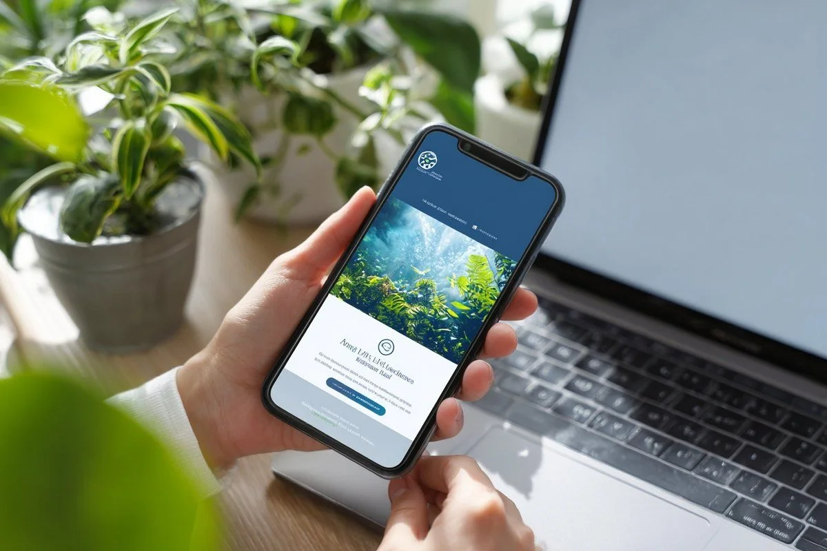 Hands holding a smartphone displaying a law firm website, with a laptop open in the background, illustrating the importance of mobile responsiveness.