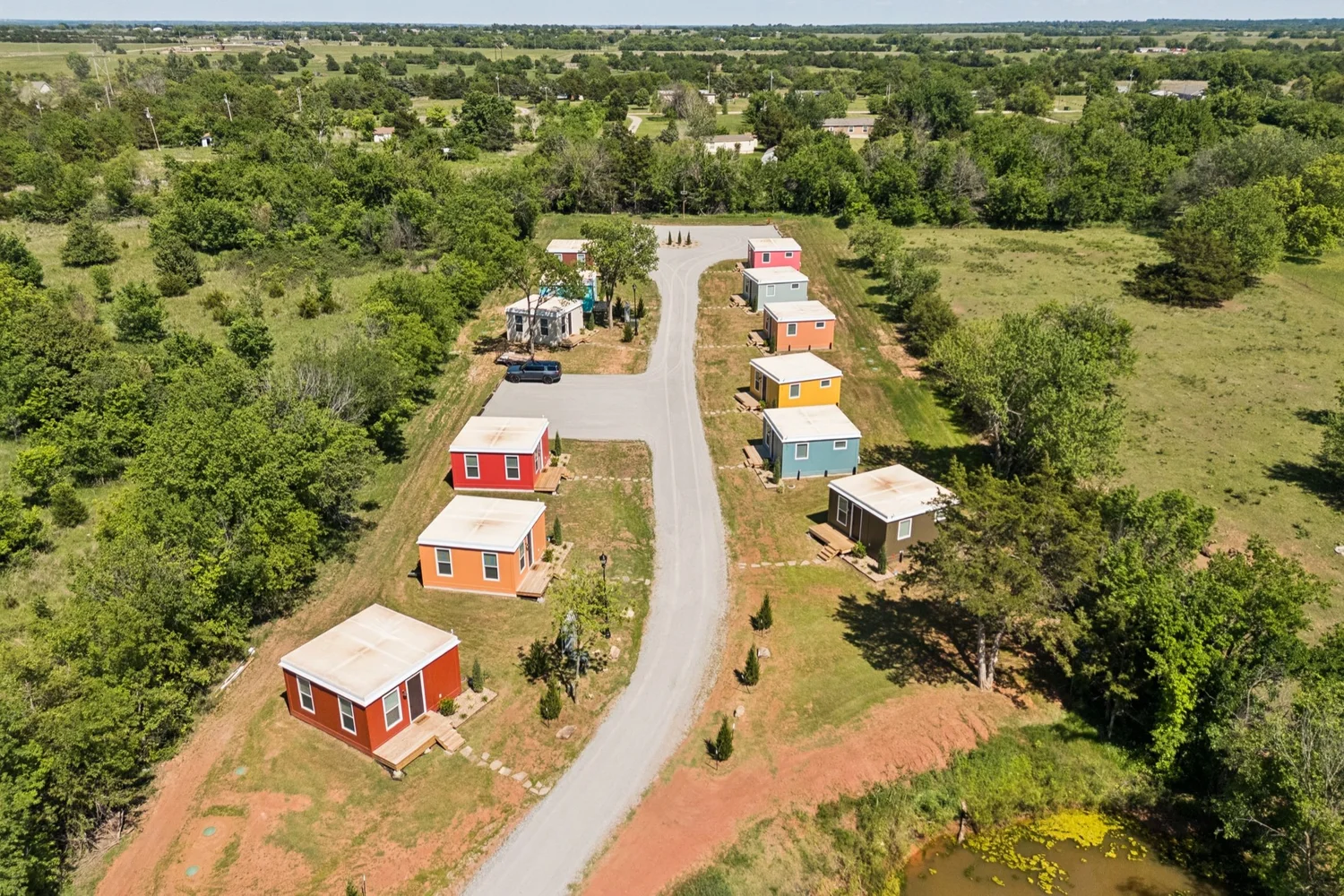 Aerial view of the Pasadera rental community in Stillwater — Nested Tours vacation rental photography, Oklahoma