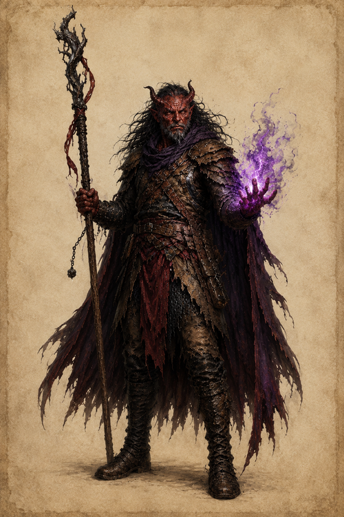 Doom Sloot, a horned tiefling in tattered scale and a torn cloak, holding a blackened staff with violet fire in his open hand