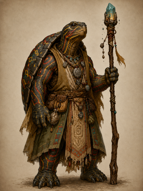 Toe Maas, a tortle in layered robes and beaded charms, shell painted with red and gold spirals, holding a gnarled staff topped with a blue crystal