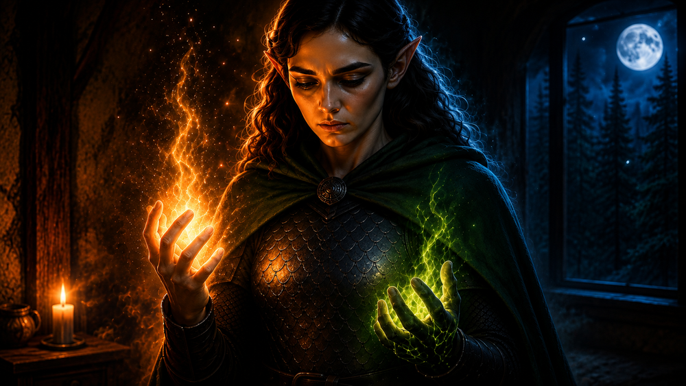 Luna, a dark-haired elf in scale armour and a green cloak, cradling orange flame in one hand and sickly green necromantic light in the other