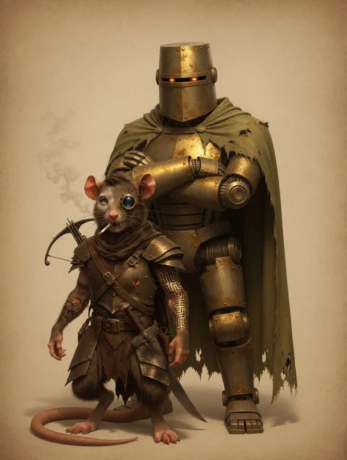 Pasm, a ratfolk scout with a monocle, hand crossbow and dagger, standing in front of Rumble, a tall rust-brass automaton in a ragged green cloak