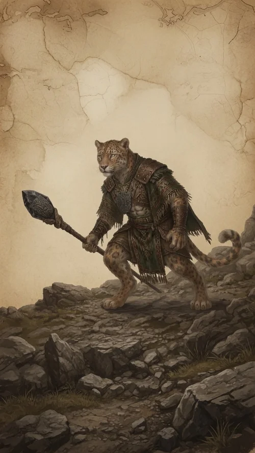 Kayaq, a spotted leopard-folk warrior in fringed hide and green cloth, crouched on broken rock with a carved stone maul