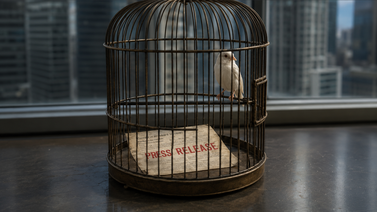 A birdcage lined with a discarded PR press release document
