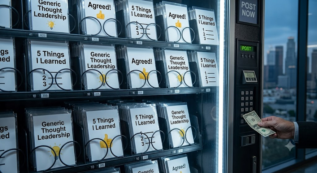 A CEO buying generic thought leadership posts from a vending machine