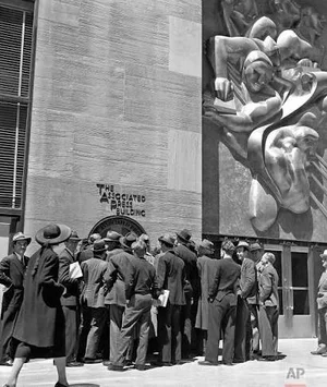 Crowd outside the Associated Press Building, Rockefeller Center, 1940
