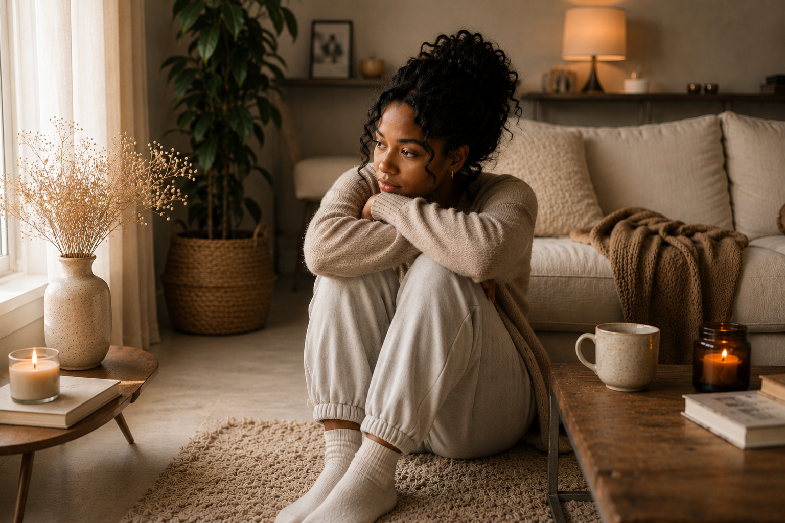 Woman sitting quietly in reflection