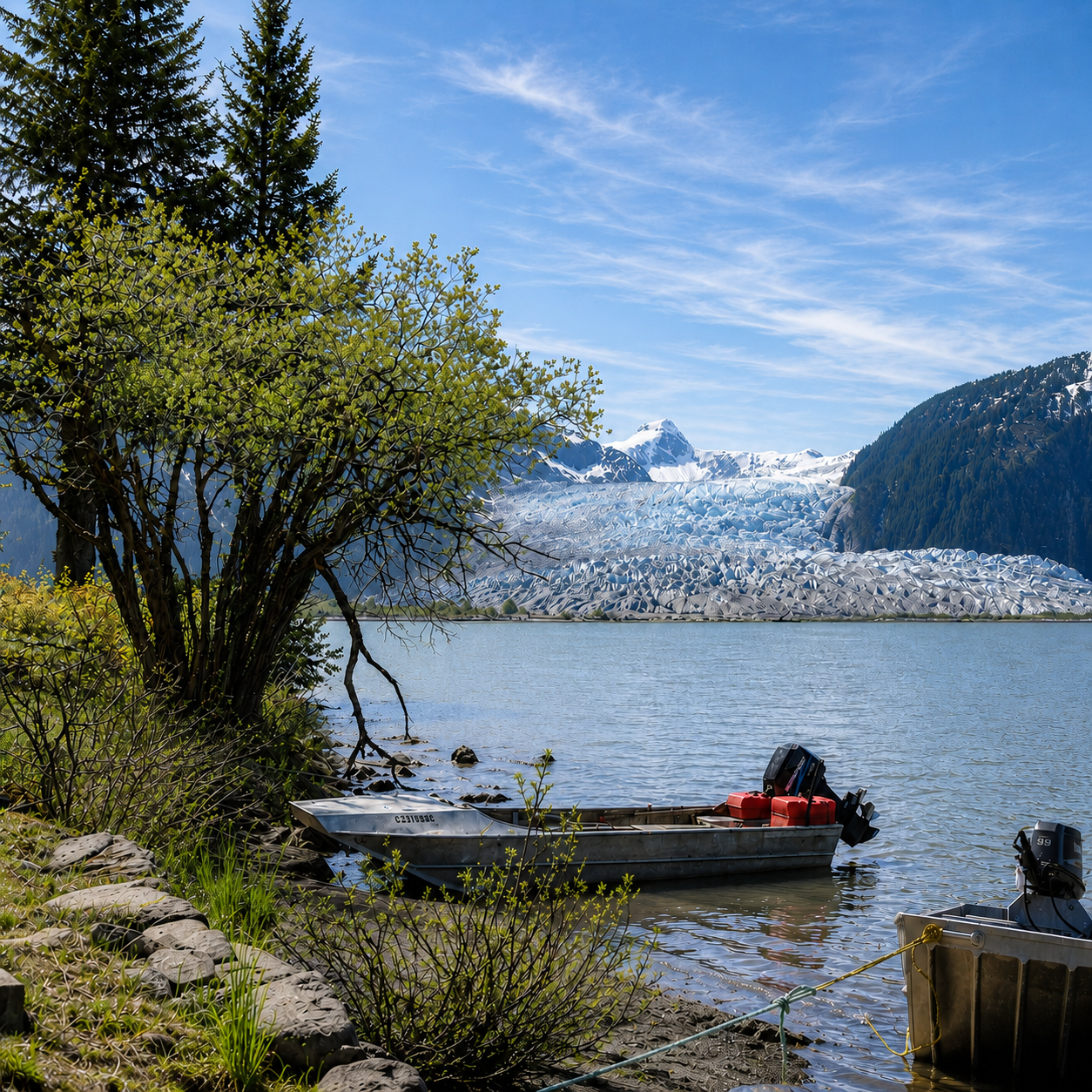 Glacier-fed lake with small boats along a scenic shoreline near Taku Glacier Lodge, Alaska