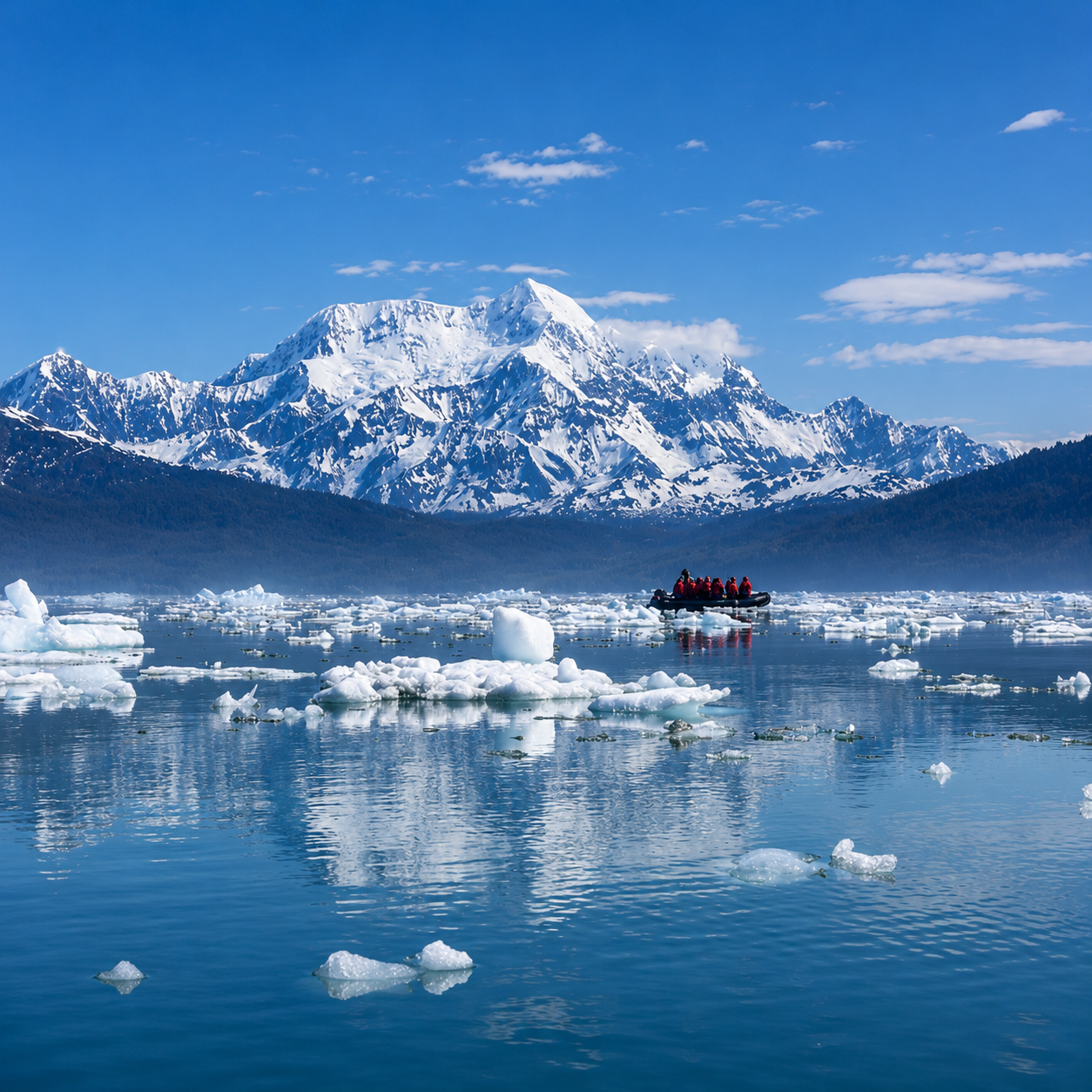 Icebergs floating in Icy Bay beneath Mt. St. Elias, Alaska