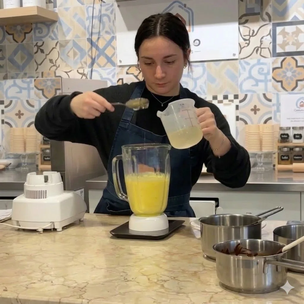 Gelato instructor cooking chocolate mixture on induction cooktop in Verona class