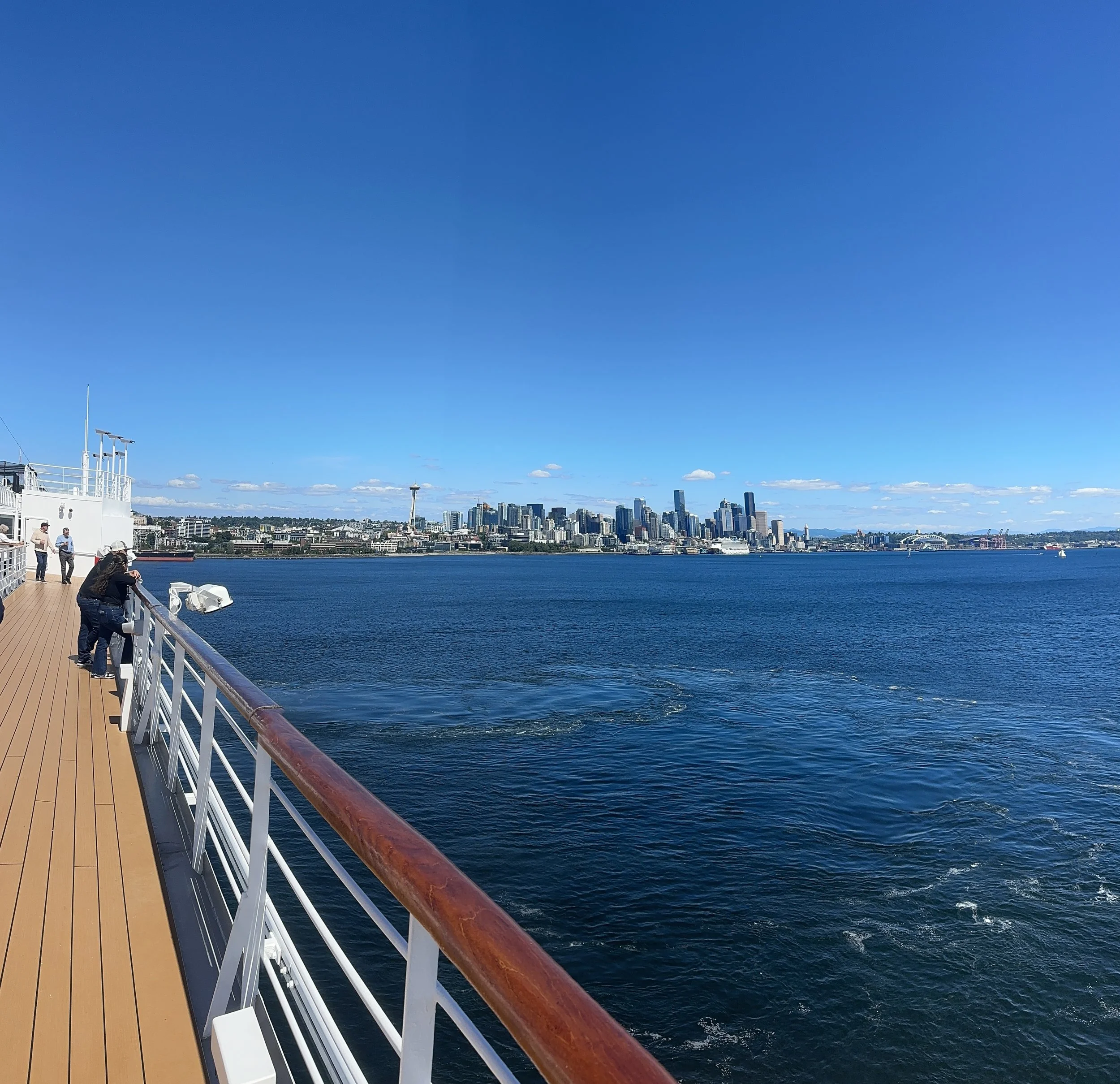 Seattle skyline from the deck of Holland America Noordam while sailing out of Pier 91 at the start of an Alaska cruise