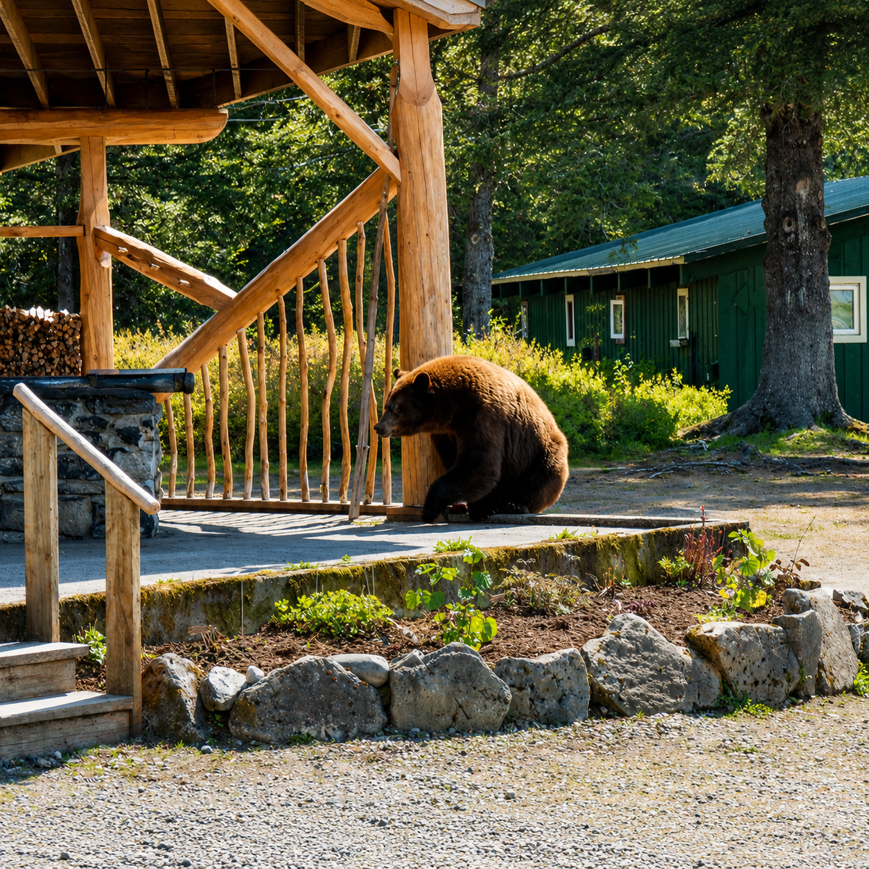 Black bear near the rustic lodge porch at Taku Lodge during the Holland America seaplane feast excursion in Alaska