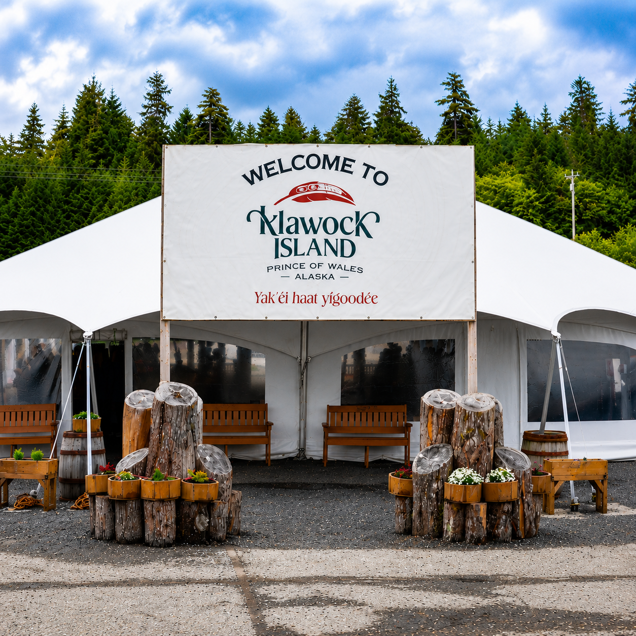 Welcome sign at the Klawock, Alaska cruise port on Prince of Wales Island