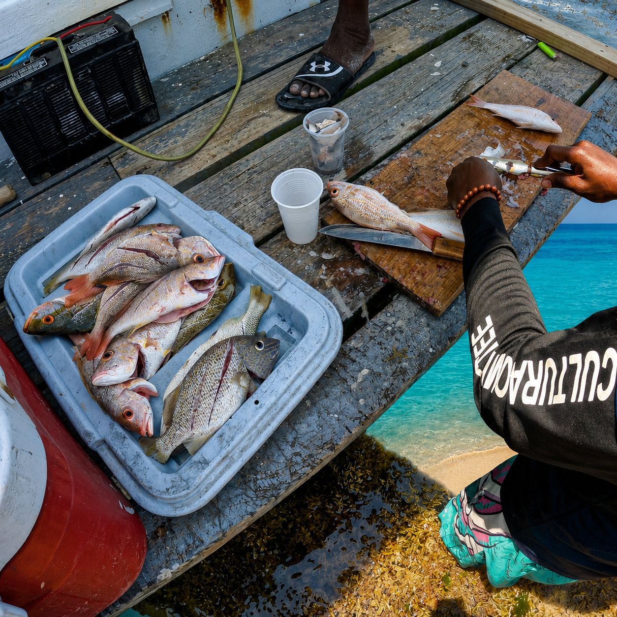 Deckhand cleaning freshly caught yellowtail snapper on wooden platform at Rendezvous Island Belize with stingrays circling below