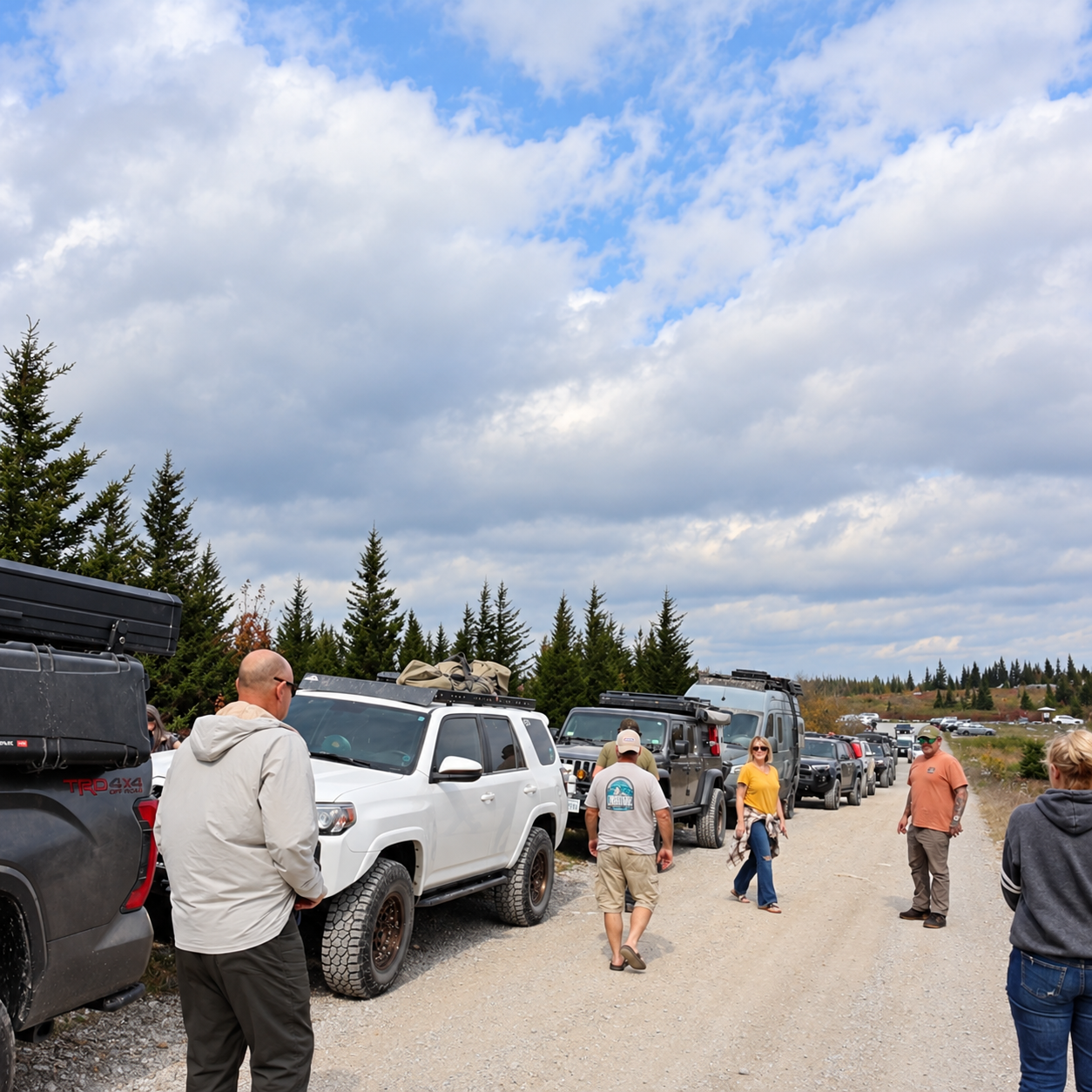 Overland vehicles and cars lined along the gravel road at Dolly Sods on a Friday afternoon in October