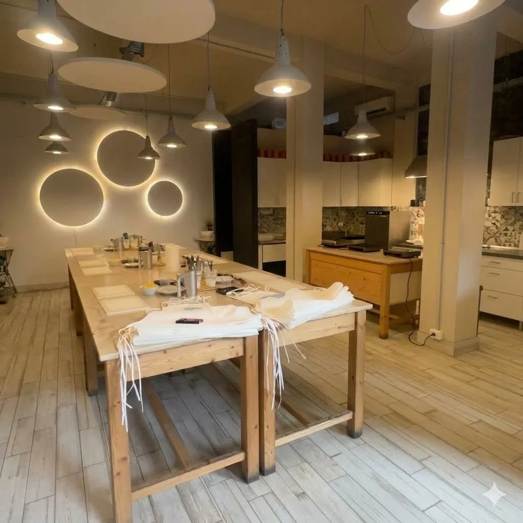 Verona gelato making class kitchen with aprons laid out on wooden tables and warm lighting