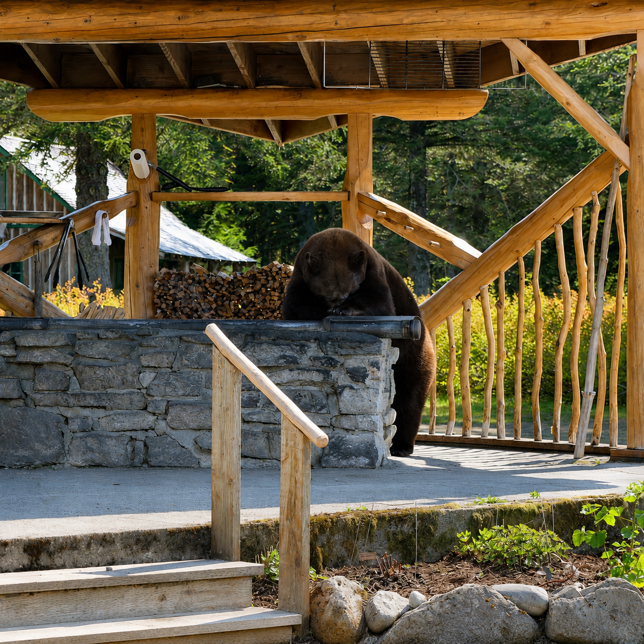 Black bear named Hans on the grill pavilion structure at Taku Glacier Lodge, Alaska