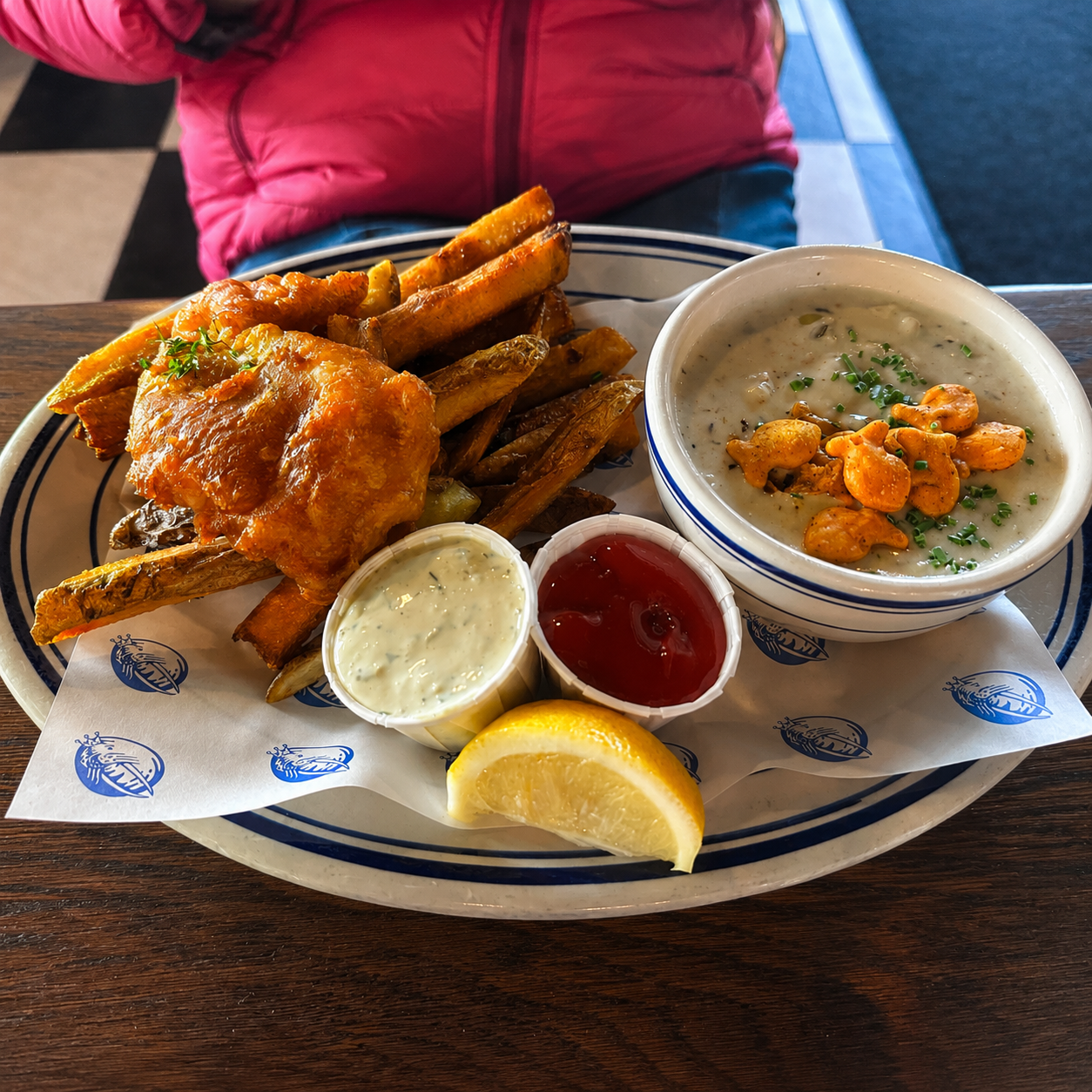 Fish and chips and chowder at Mr. Fish in Seattle after disembarking an Alaska cruise