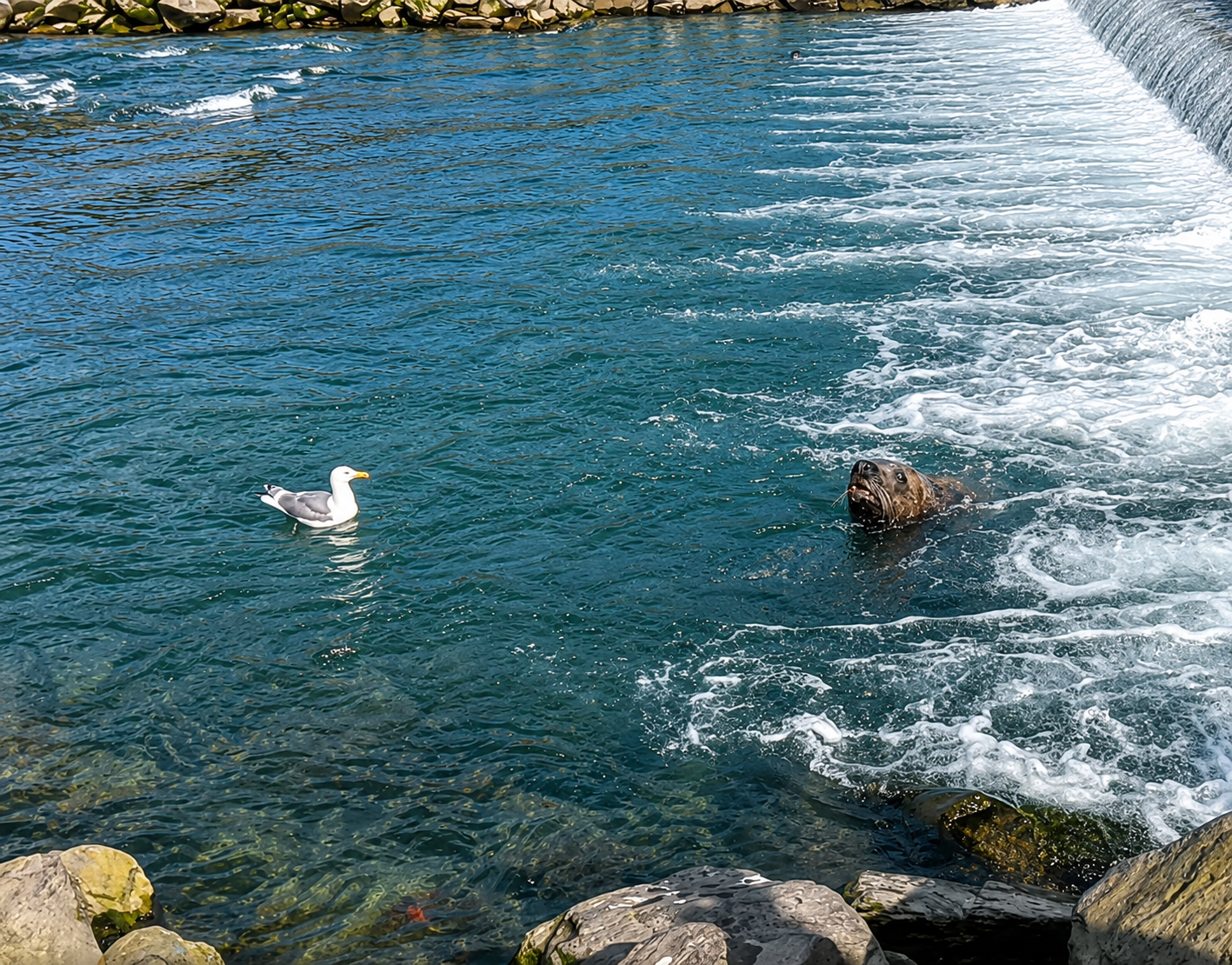Steller sea lions in the water at Solomon Gulch Hatchery near Valdez Alaska