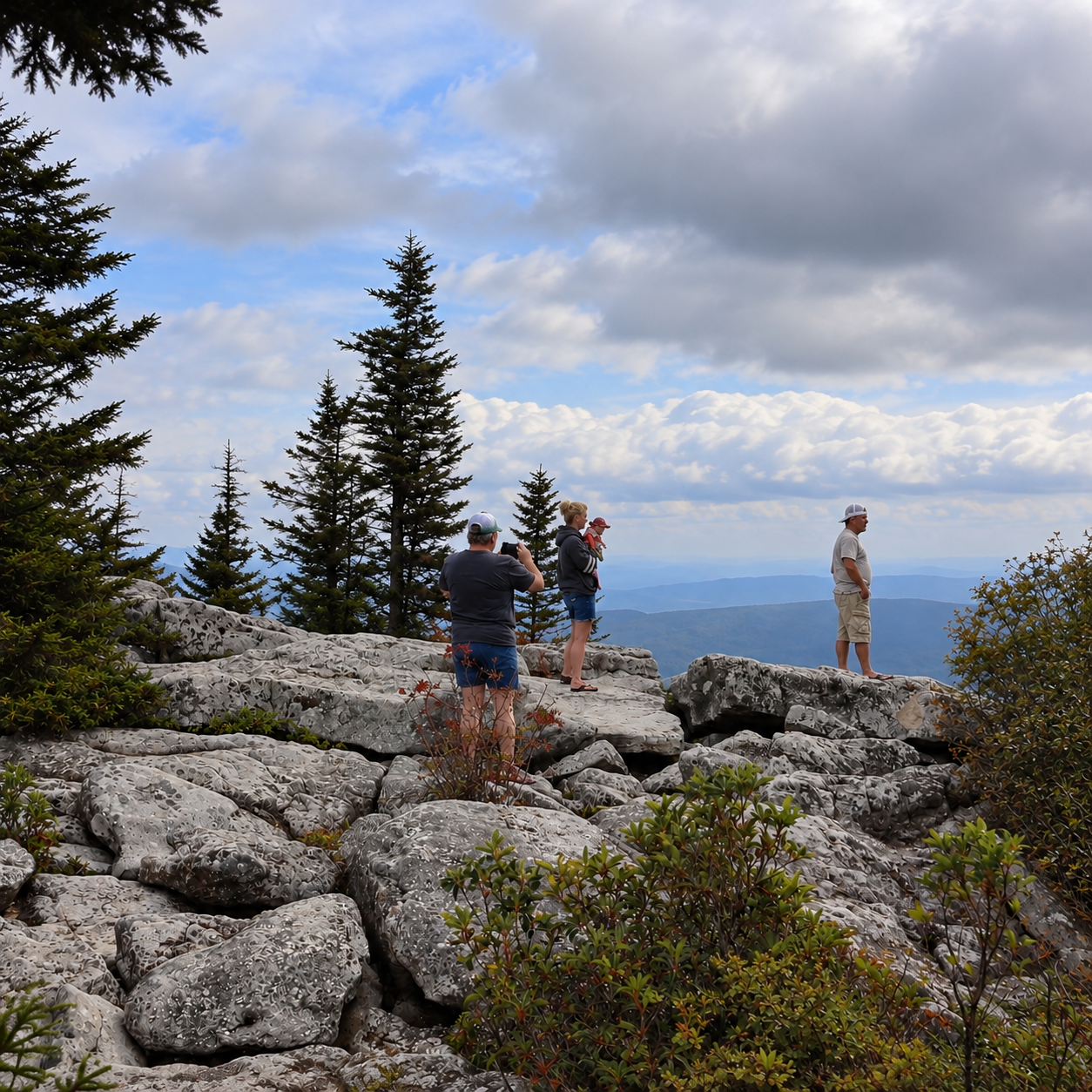 Hikers on the sandstone boulders at the Bear Rocks overlook under cloudy skies, Dolly Sods, West Virginia