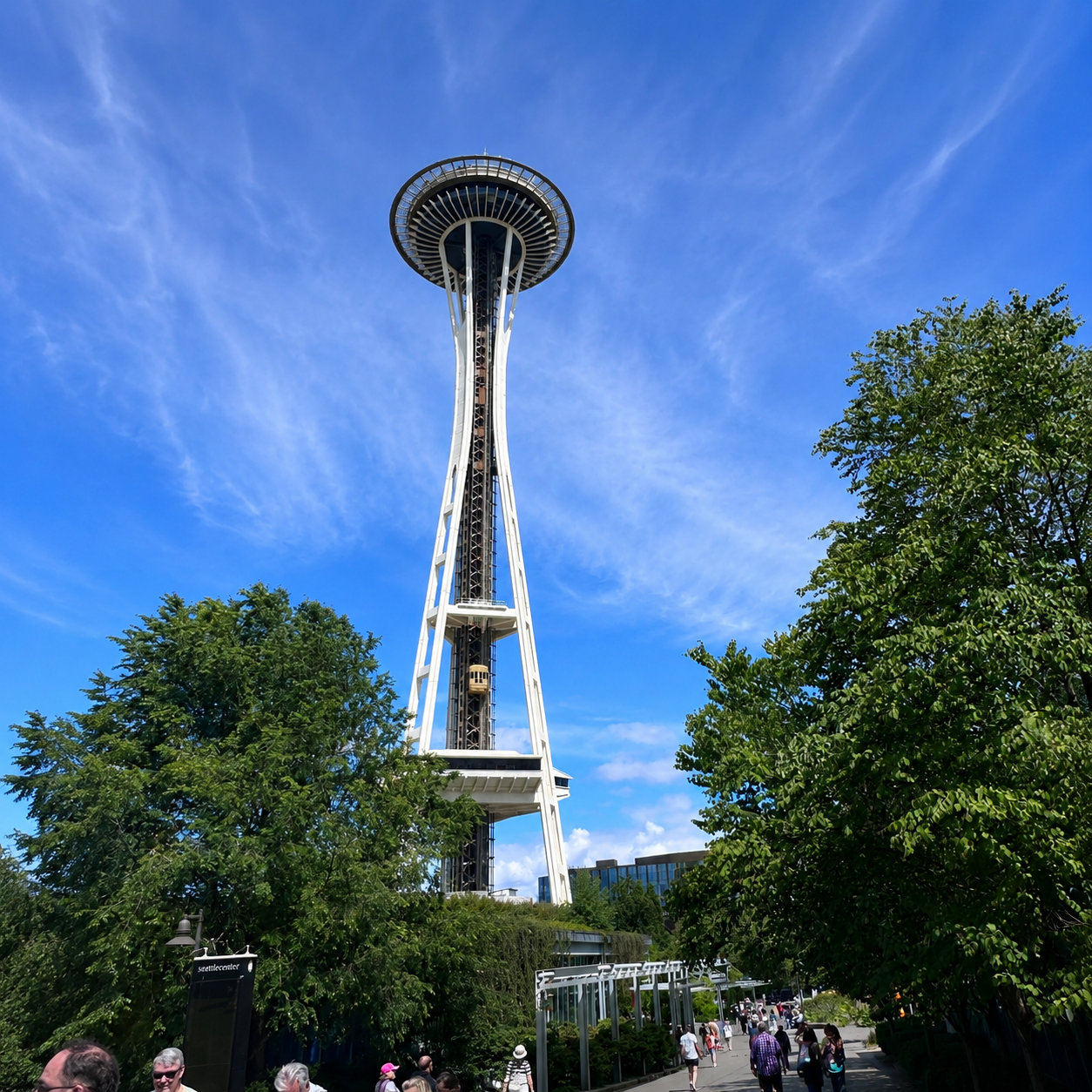 Seattle Space Needle under a blue sky from a nearby park after a Holland America Alaska cruise