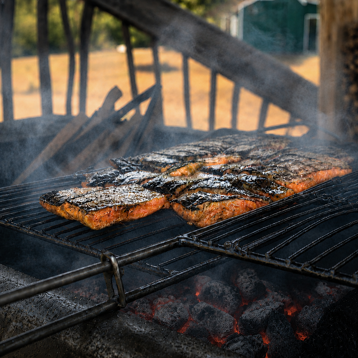 Fresh wild Alaska salmon grilling over smoking alderwood coals at Taku Glacier Lodge