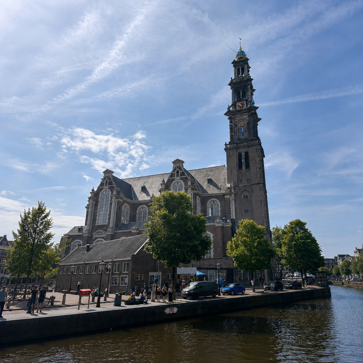 Westerkerk church along an Amsterdam canal