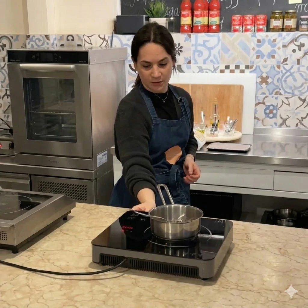 Participant wearing personalized apron stirring chocolate gelato mixture in Verona cooking class
